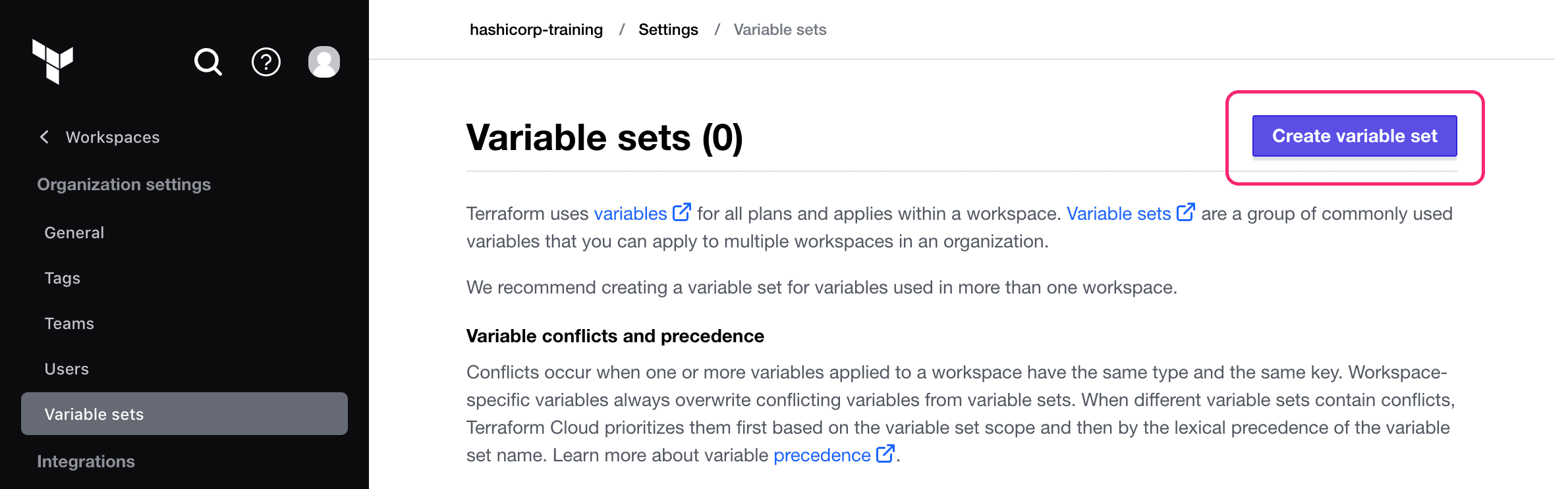 HCP Terraform Variable Sets page